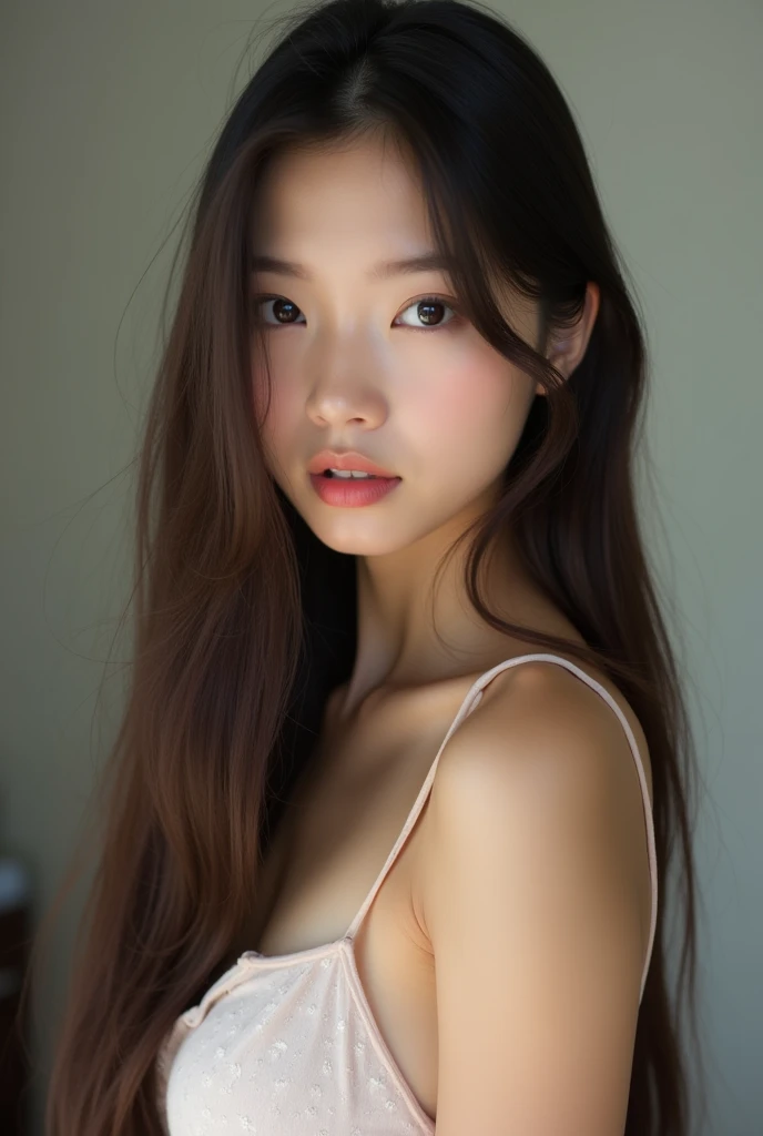 There was a woman with long hair and no clothes., perfect face, 25 year old woman, big breasts, Japanese girl, straight hair,
