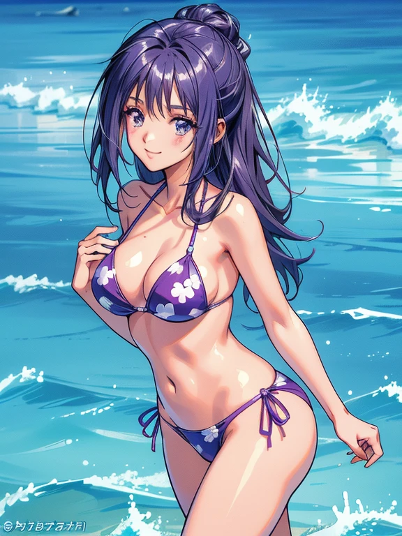 masterpiece, High resolution, Highest quality, Very detailed, Beach, ((masterpiece)),((Ayako Katagiri)),((Katagiri Ayako)),((Mischievous Smile)),Anatomically perfect fingers,Bikini Swimwear