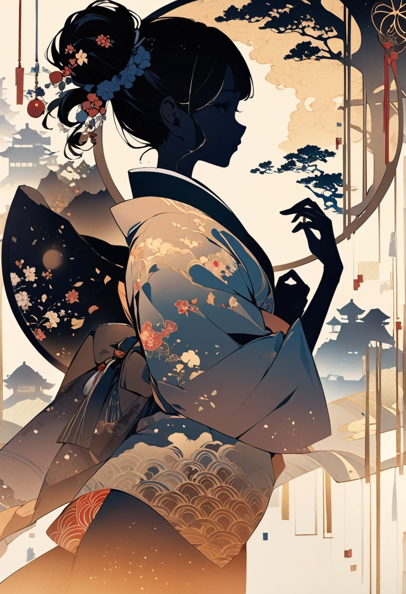 (masterpiece, best quality,ultra highres),An illustration of an Asian girl's silhouette with traditional Japanese patterns and floral motifs, (double exposure silhouette: 1.2),creating a visually stunning composition on the canvas. The background is adorned with vintage-style elements like lacework details and checkered paper textures. This design adds intricate beauty to your creative projects in the style of traditional Japanese art.perfect circle,