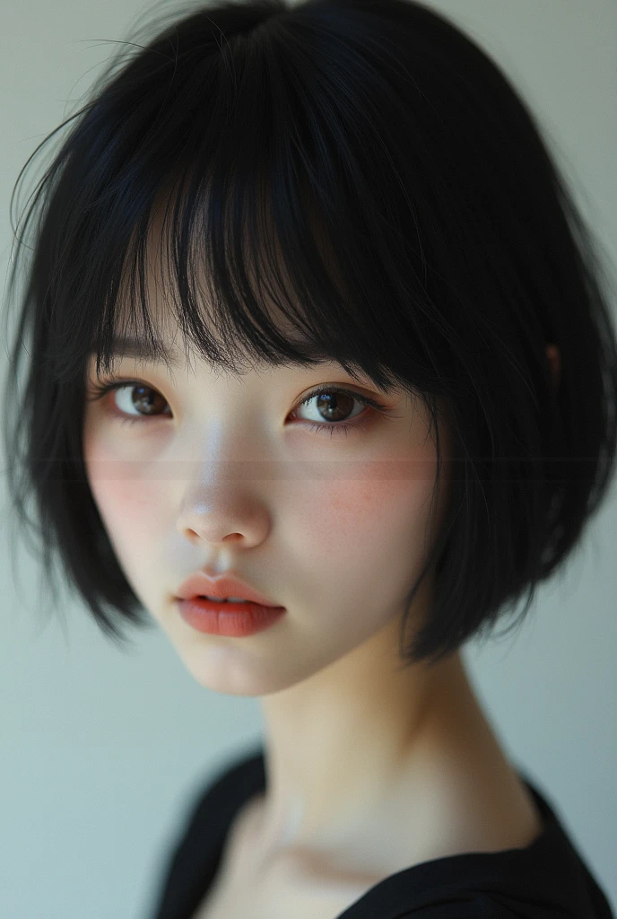 A white-skinned man with brown eyes, Shoulder length black hair with a tom boy cut