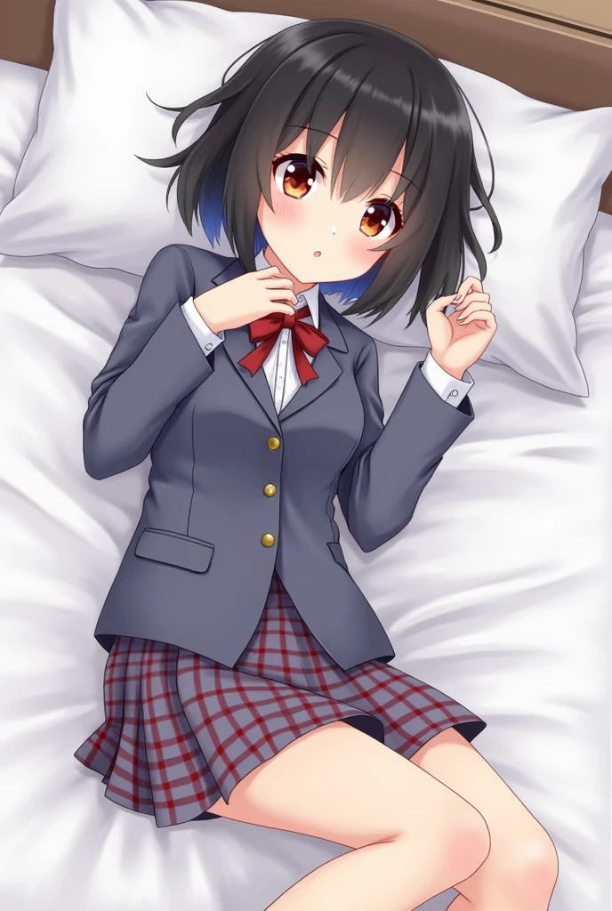  One girl, School Blazer,Checkered Skirt,cute,beautiful girl,Short Hair,ribbon,Quiet,Innocence,Obedience,Small breasts,Flat Chest,blush one&#39;s cheeks,Gaze Here,Embarrassed,nsfw,Lying in bed,Do foreplay,Idol,Beautiful black hair