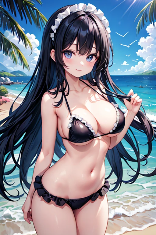 Unparalleled beauty, Glowing Skin、tighten, Black Hair, Beautiful and kind girl,Smiling Kindly,High cut bikini swimwear、Race、Frills、Large Breasts