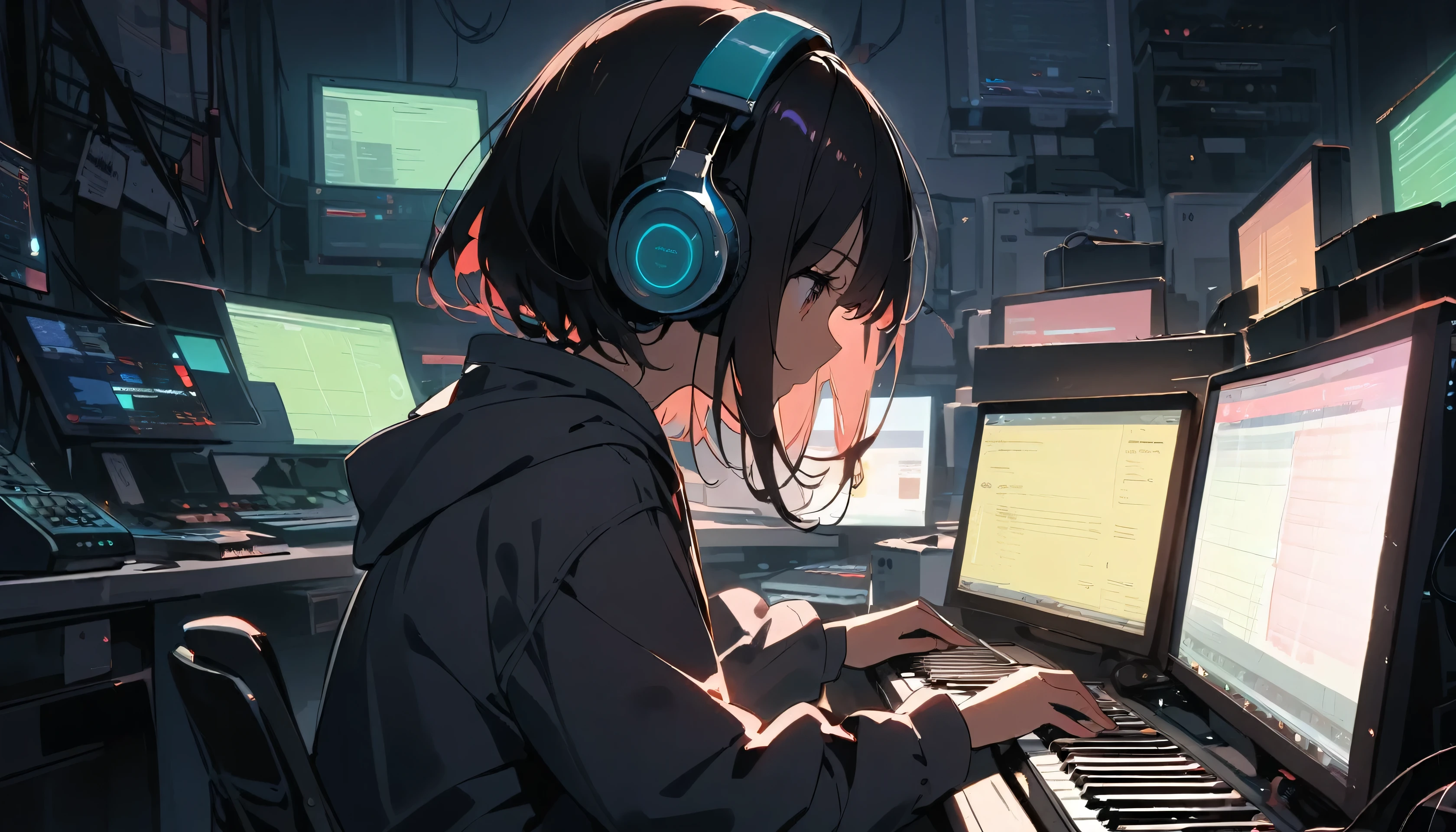 computer、Multiple monitors、Music Production Status、Dimly lit room、Girl typing on keyboard、Put on headphones、I have an electric guitar、Black-haired、Bob Hair、Display drum set on monitor、