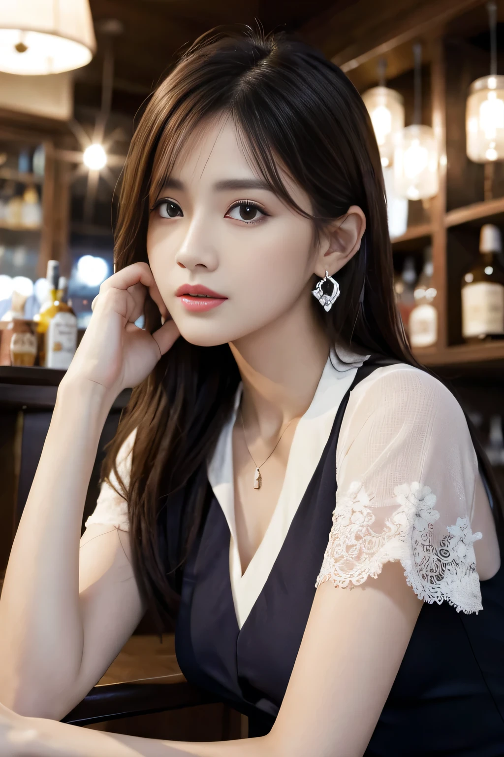 masterpiece, Highest quality, Realistic, Very detailed, Finer details, High resolution, 8k wallpaper, One beautiful woman, Wear a navy blue see-through shirt, Great bar restaurant, At night, Light brown messy hair, Perfect dynamic composition, Beautiful and beautiful eyes、Big earrings