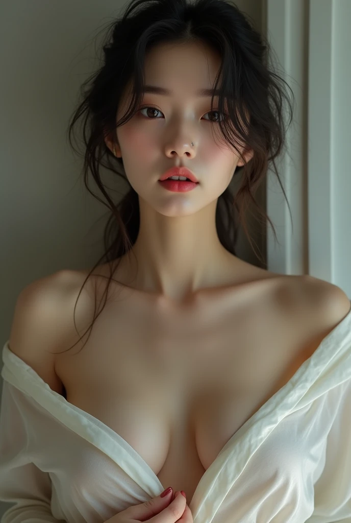 Korean woman takes off her shirt no shirt