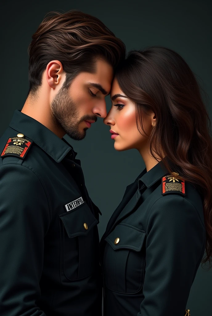 Believe me, the cover of a book where two protagonists appear, a Colombian brunette with wavy brown hair and a tall, warlike Italian with white brown hair and blue eyes, and whose title says precisely &quot;you are young,&quot; she is 26 and he is 27. They should have their foreheads pressed together, so that the man looks more macho and not so cute. He has brown hair dressed in black and the woman has darker skin and is uniformed like an Interpol agent., with brown eyes, let the background be dark and the man has no beard and let them look serious but with a loving look if the man has a beard, let the image be darker 