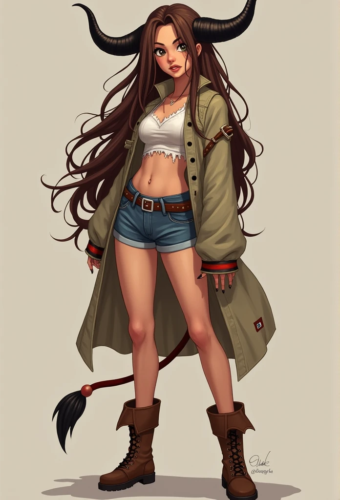 girl with brown hair with black tips half ripped clothes short blouse brown boots and short horns adventure time