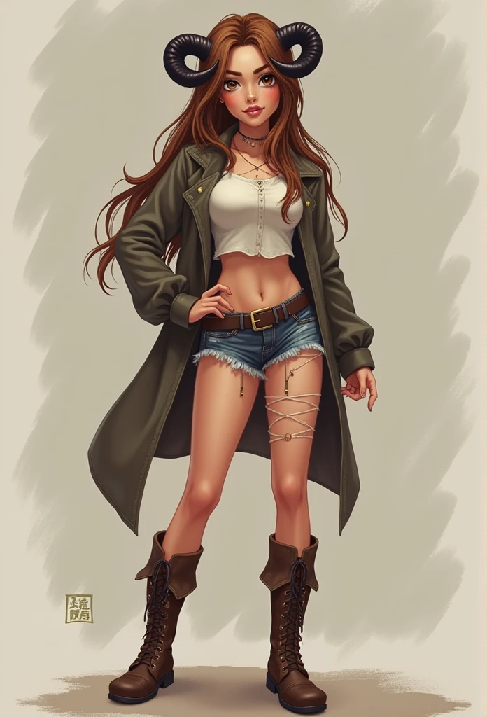 girl with brown hair with black tips half ripped clothes short blouse brown boots and short horns adventure time