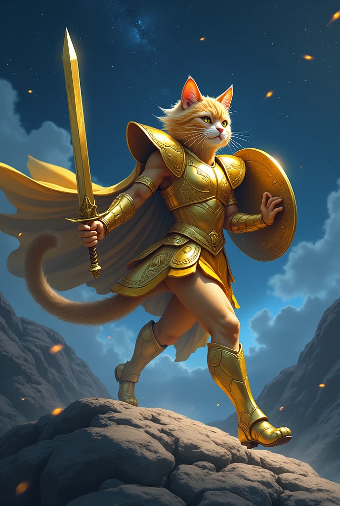 A cat warrior in shiny gold armor(With a sword in his right hand、In his left hand he holds a shield) Jumping a little、Brandishing a sword in his right hand。A cute cat with an anime-like face The background is a hill at night。The angle of the sword is almost parallel to the ground.。Add the words "Saint Seiya" to the back