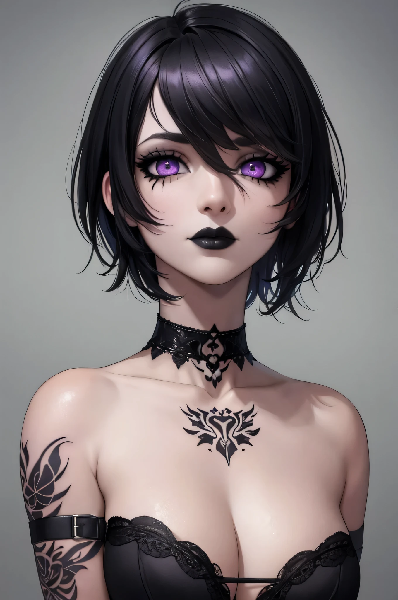 masterpiece,(best quality,top quality,8k),illustration,painting,detailed eyes and face,(1girl), purple eyes, black hair, messy hair, short hair, hair between eyes,(tatto:1.2), pixie cut, goth, gothic, choker, black lips, (black dress:1.2), pretty girl, beauty skin, ultra high res, raw photo , detailed body ,(puffy eyes) ,good contrast , high sharpness,(gorgeous),realistic,RAW Photography,(hyperdetailed:1.2)