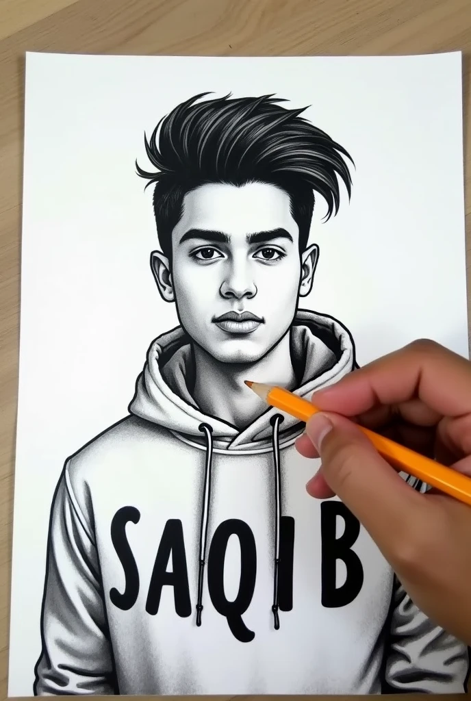 The image is a black and white portrait of a young man, saqib, drawn on a white paper. He is wearing a hoodie with the word "Saqib" written on it in black letters. His hair is styled in a fashionable manner and he has a serious expression on his face. His eyes are looking directly at the camera and his lips are slightly parted. A person's hand is holding a yellow pencil and is drawing on the portrait on the paper. The background is a plain white surface.