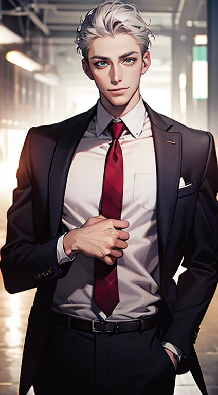 (Highest quality,4K,8K,High resolution,masterpiece:1.2),Super detailed,(Realistic,photoRealistic,photo-Realistic:1.37),1 person,34 years old,Mature Men,Beautiful skin、very handsome,Expressionless smile in love,Short gray silver hair,green eyes,Sharp Eyes,A perfect face without a doubt,Businessman, CEO, Office Background,Cinema Lighting,HDR image,tie、