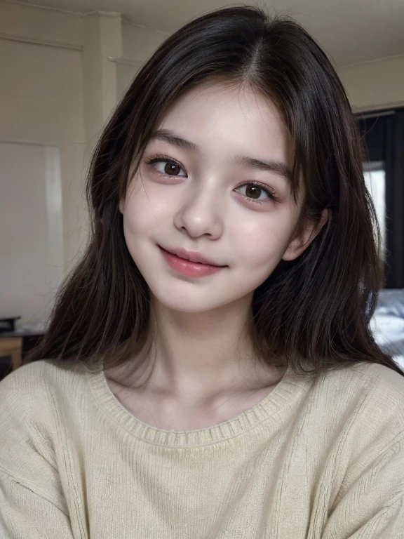 (8k,High resolution、masterpiece、High resolution、detailed、Highest quality、Surreal、RAW Photos)、student、woman、、Young、Cute face、Real Skin、Long Hair、18-year-old、、Brown eyes、Black Hair、In her room, Fashionable hairstyles, Laughter, White sweater, Photorealism、I am studying