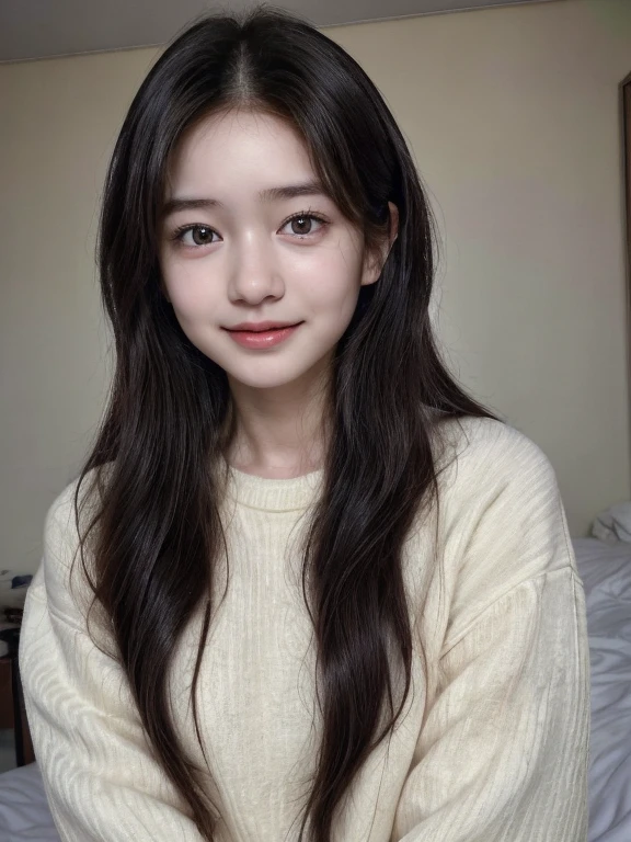 (8k,High resolution、masterpiece、High resolution、detailed、Highest quality、Surreal、RAW Photos)、student、woman、Baby Face、Young、Cute face、Real Skin、Long Hair、18-year-old、、Brown eyes、Black Hair、In her room, Fashionable hairstyles, Laughter, White sweater, Photorealism、I am studying