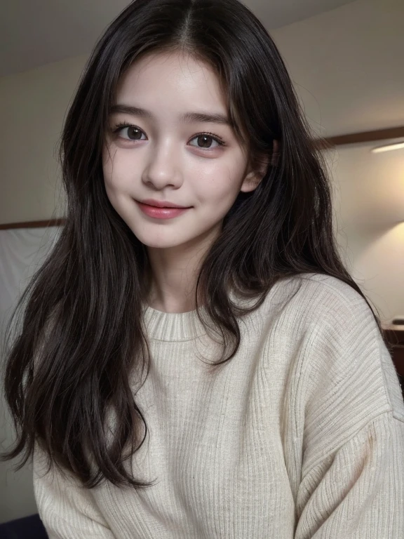 (8k,High resolution、masterpiece、High resolution、detailed、Highest quality、Surreal、RAW Photos)、student、woman、Baby Face、Young、Cute face、Real Skin、Long Hair、18-year-old、、Brown eyes、Black Hair、In her room, Fashionable hairstyles, Laughter, White sweater, Photorealism、I am studying