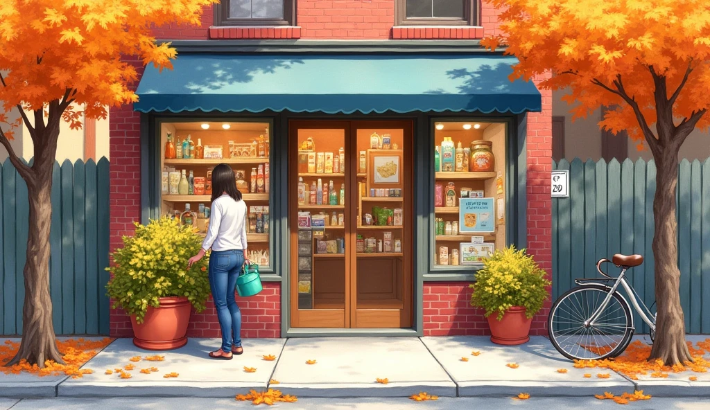 (masterpiece:1.2),(best quality:1.2),(watercolor medium:1.1),
good lighting,(outdoors:1.2),(facing the door:1.3),
convenience store,doorway,potted plant,watering,wooden fence,
bicycle,Windows,(Red brick wall:1.2),autumn,
