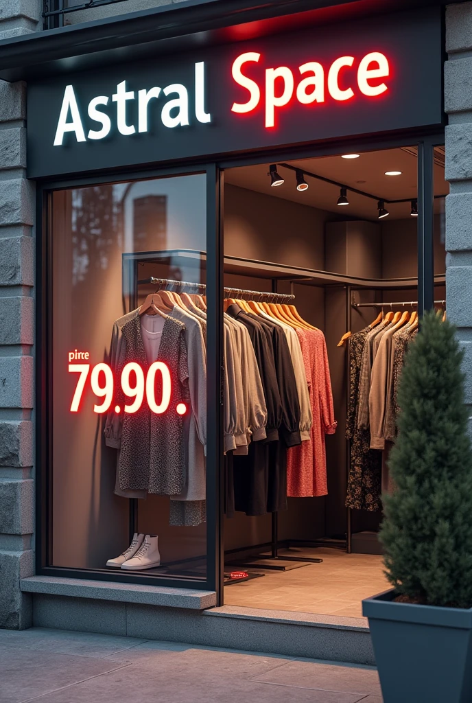 a marketing image about my clothing store's prices. name of my company ¨Astral Space¨ price of 99.90, 79.90 and 89.90. They have to be fashionable.
and they say their price has to be for men and women