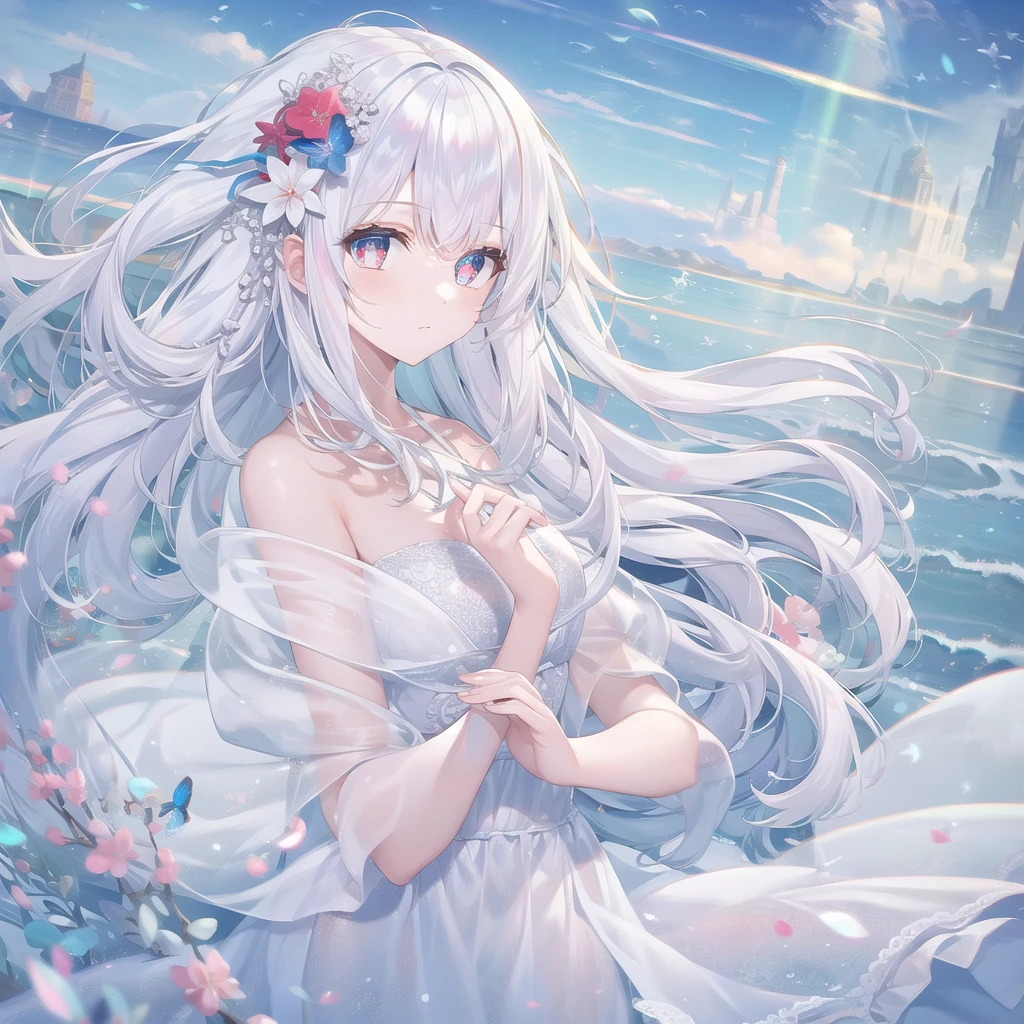((masterpiece, best quality))++, Detailed lighting+, Detailed hair+, Detail hand+ ,1 girl, Miss, Long hair, Crimson eyes, beautiful eyes, young white hair,,(Beautiful white hair:1.5),(Beautiful and delicate eyes), high resolution+,glass tint, Reflective eyes, {{angle}} , Very detailed wallpaper, The original, Air bangs,Extremely beautiful CG,Firefly,Nature,ocean