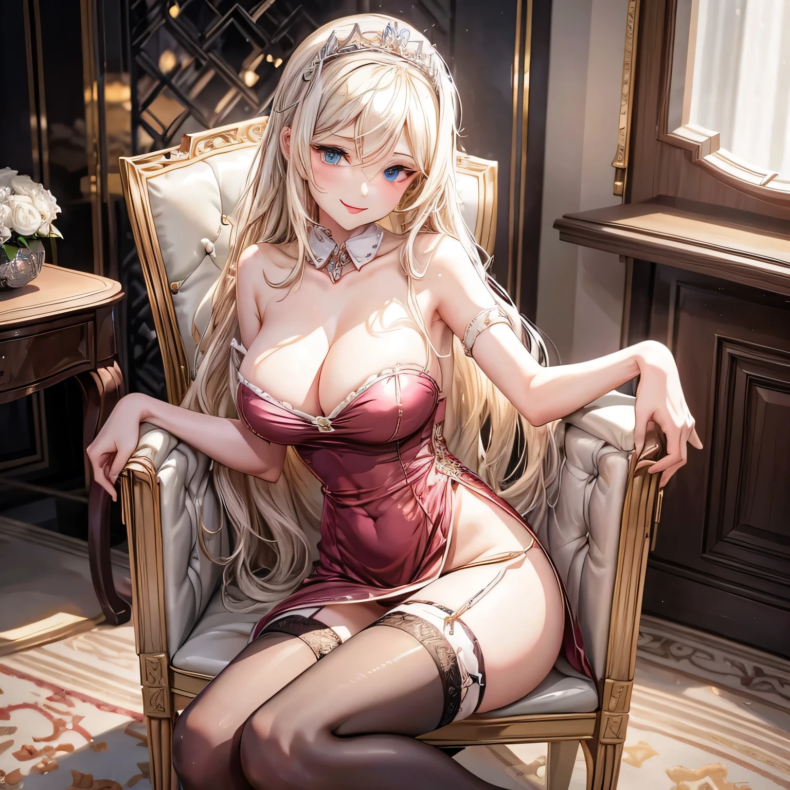 Classy woman　Lady　Smiling Kindly　dress　tiara　Big Breasts　cream hair color　　stockings　Sitting on the throne　1 female