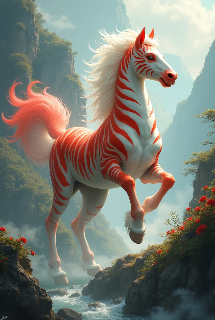 Chinese Mythology,Classic of Mountains and Seas,Lushu,Living in Zhuyangshan,Looks like a horse,The head is white,The body has tiger markings,It has a red tail,When it chirps, it sounds like people singing folk songs,