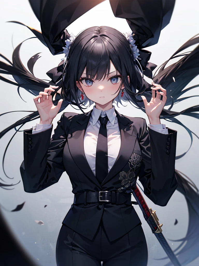 (Oriental Project)),((Black tie))All Black Costumes,(mysterious),((Assassin's Bewitching Girl)),((Long black hair blowing in the wind)),((masterpiece)),((Highest quality)),((Eyes visible through the gaps in the bangs)),((alone)),((Deep blue pupils、Shining blue eyelashes)),((Beautiful and shining eyes)),((Wearing a black overcoat over his black clothes)),((Wearing a black mini skirt,Wearing long black tights,((Slim body)),((Black headband)),Wearing black gloves,Looking down on a fantastical world