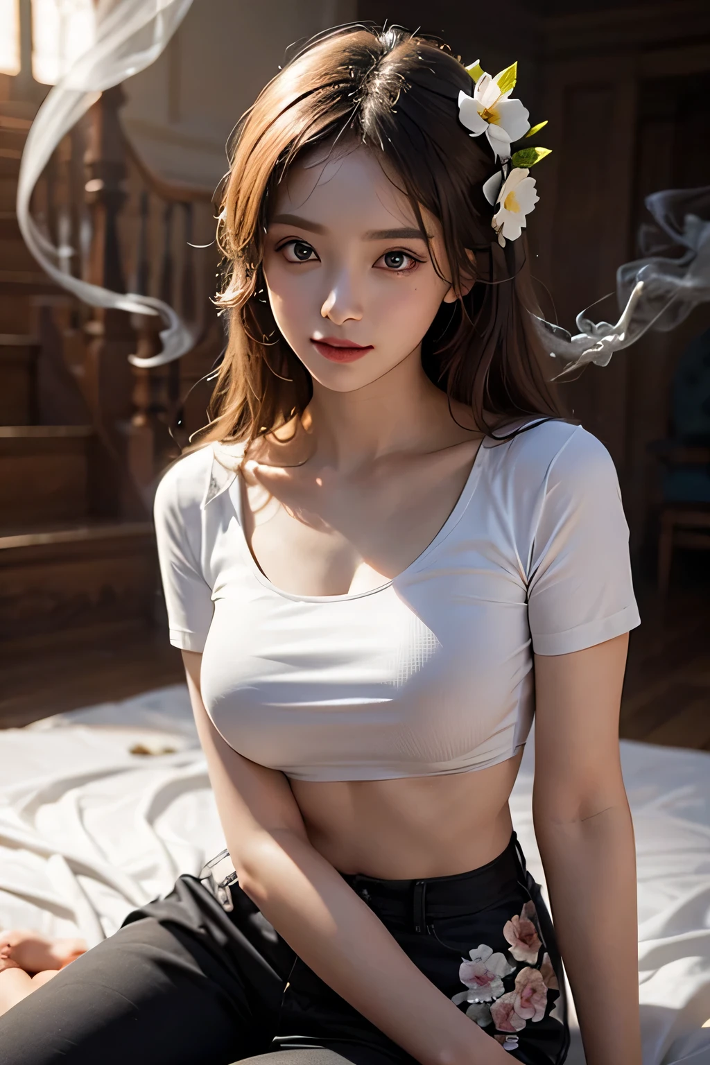 (bare shoulders:0.85), ((nude:1)),(boobs naked:0.55), (Glowing ambiance, enchanting radiance, luminous lighting, ethereal atmosphere, mesmerizing glow, evocative hues, captivating coloration, dramatic lighting, enchanting aura),1girl, masterpiece,best quality, 1girl,
(in smoke:1.1),(dynamic smokeanywhere:1.4),(upper body:1.2),((nipples:0.55)),(1 Chinese patterns in the middle of the girl's forehead),girl with a weak temperament,
epic cinematic, soft nature lights, rim light, absurd, amazing, funny, itricate, hyper detailed, ultra realistic, soft colors,
white flowerpink flowers, wearing short sleeves t-shirt, midriff peek , sexy, sit, full body, smile