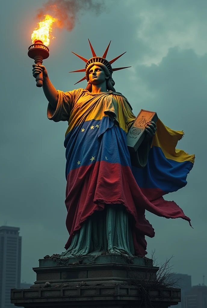  The dirty and deteriorated statue of liberty dressed in the colors of the Venezuelan flag yellow blue and red with her eyes covered and holding the flag of Venezuela with the torch and in the fire say freedom 