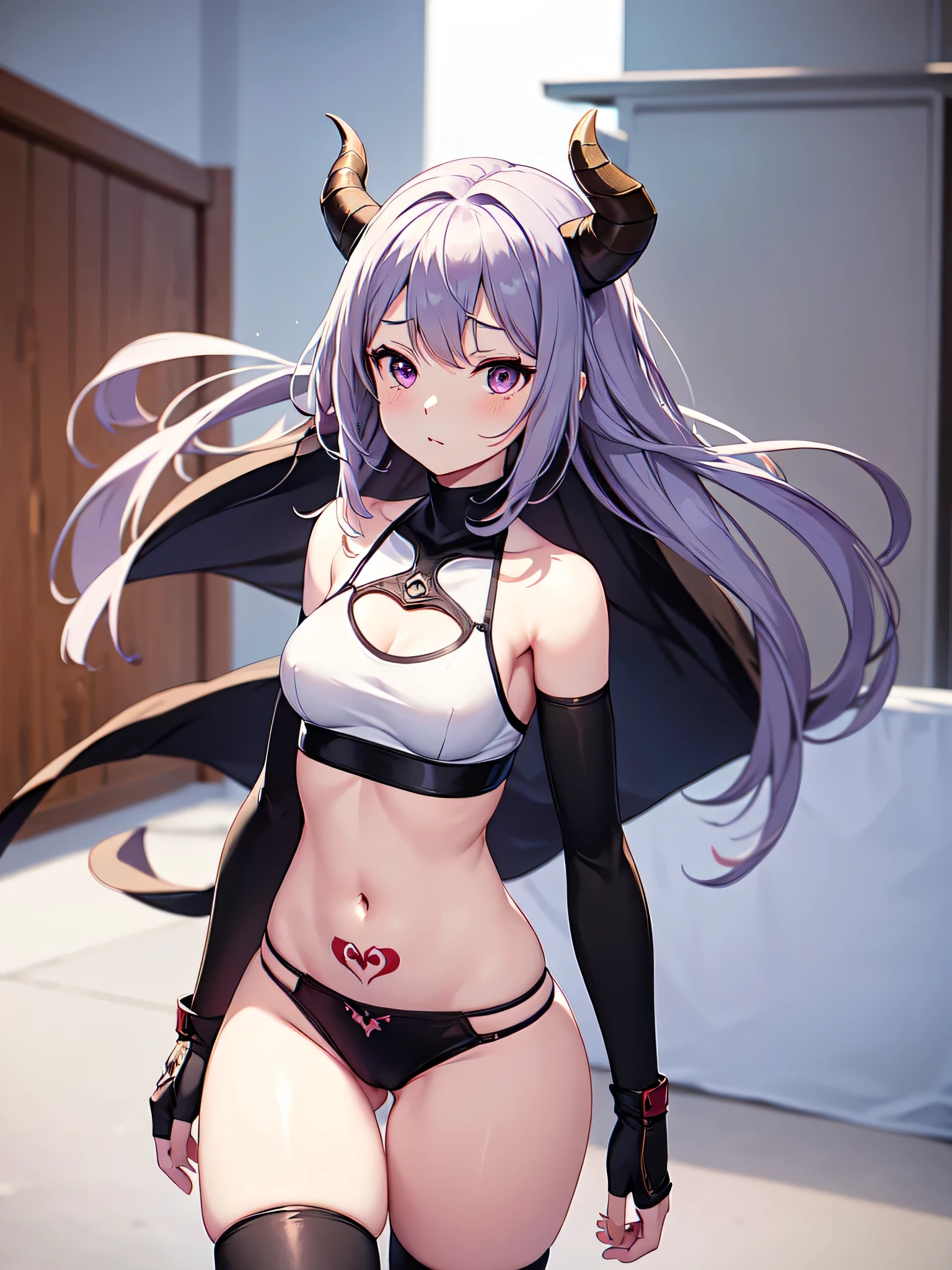 all intricate details, a anime fantasy picture of a girl character, 1girl view, solo, cameltoe, thighhighs, tattoo, long hair, navel, looking at viewer, black-red horns, crop top, a dragon in pubic tattoo, stomach, white-purple hair, long sleeves, short diamond armor, firm breasts, medium breasts, black thighhighs, shirt, black footwear, thighs, bright light purple eyes, closed mouth, sexy pose, random angle, power stance, random background