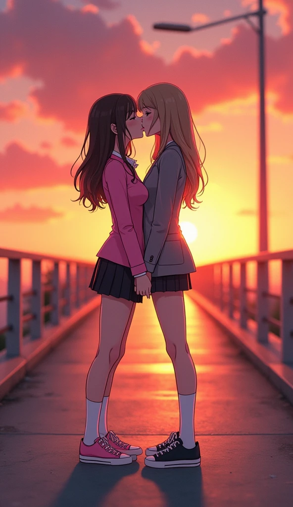 Two girls, yuri,(The first girl wear a pink suit, black pencil skirt, white socks, pink sneakers), (The second girl wore a grey suit, black pencil skirt, white socks, grey sneakers), hugging, lesbian kiss, sensual body, cloesd eyes, bridge, sunset sky, novel cartoon, 4K, HD