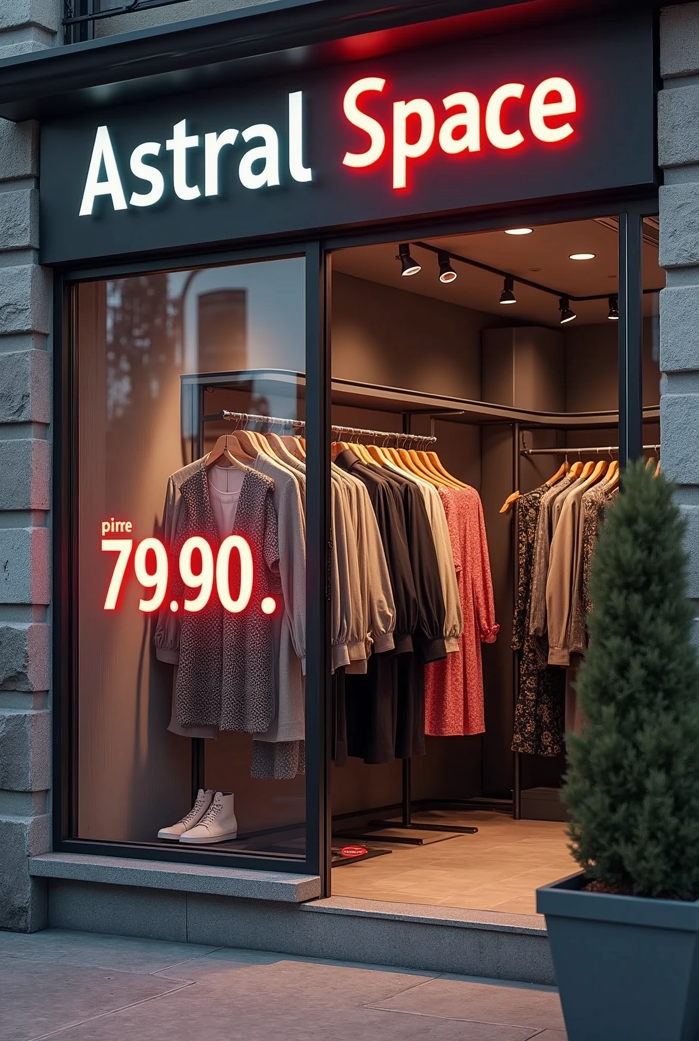 a marketing image about my clothing store&#39;s prices. name of my company ¨Astral Space¨ price of 99.90, 79.90 and 89.90. They have to be fashionable. 
and they say their price has to be for men and women

