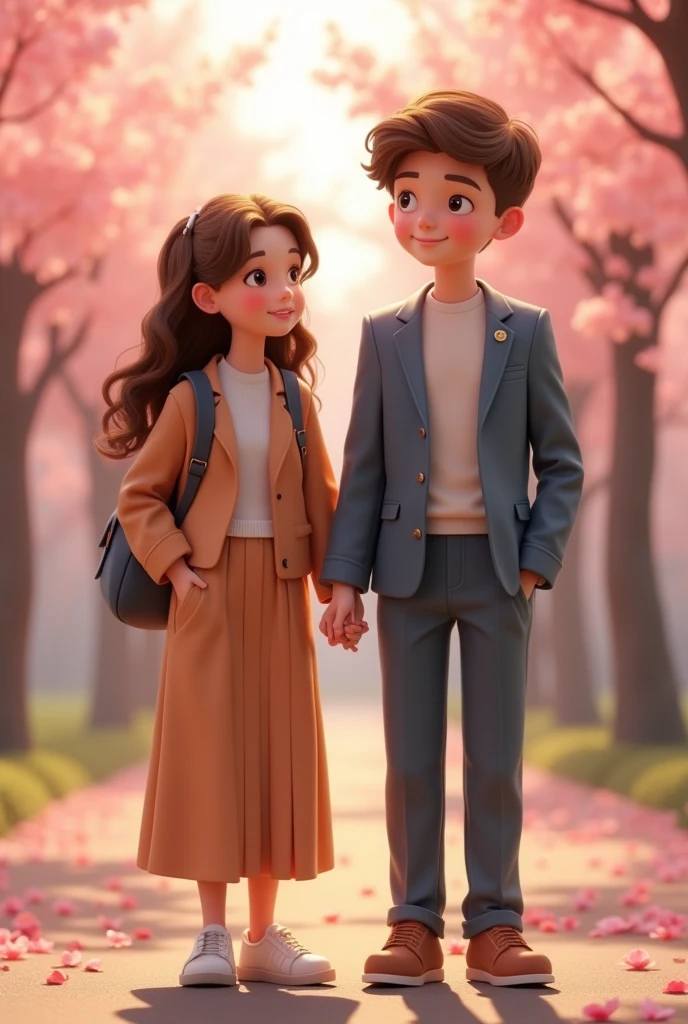 size:1242x2688 pixels,C4D Model,Young couple,The eyes of boys and girls have a sense of brushing,A brown girl with long curly hair wearing a casual long skirt suit and a small backpack,Boys short brown hair,Wearing a casual and handsome suit,The two of them are full of hope for the future,Spring blooming season,Peach blossoms in full bloom in spring,highly,Volumetric light,happy up view ,Ultra HD 8k,webp