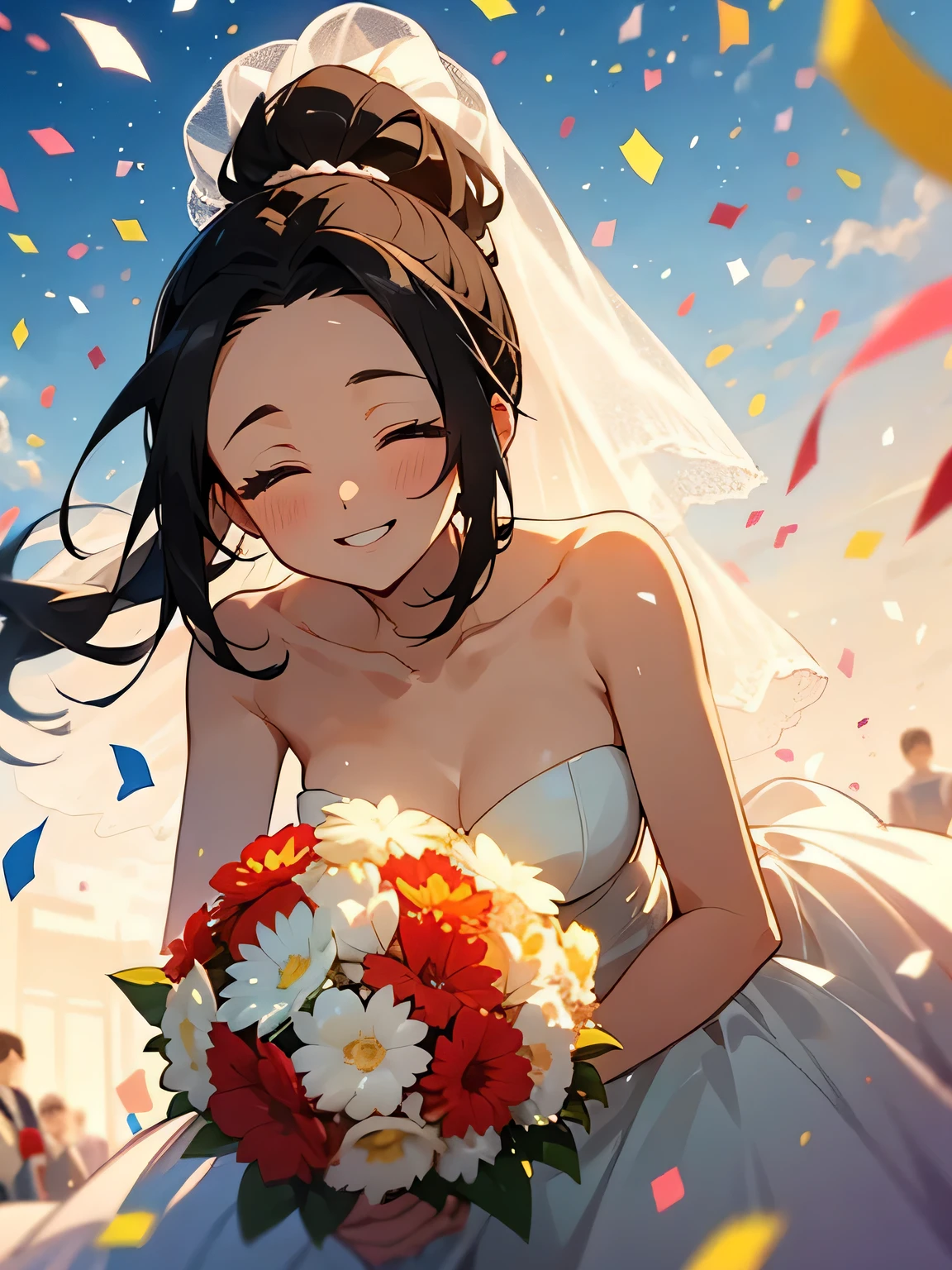 solo, looking at viewer,(leaning forward),upperbody, black hair, high ponytail, big forehead,closed eyes smile, gorgeous wedding dress, bouquet, midsummer sky, aristocratic garden,outdoor, running, smile, dazzling,(confetti:1.3),perfect lighting,(depth of field:1.3)