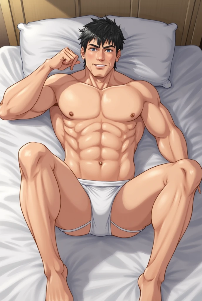 high resolution,highest quallity,high school boys,アニメ,muscular,on top of the bed, genitals showing, without pants, without underwear, 