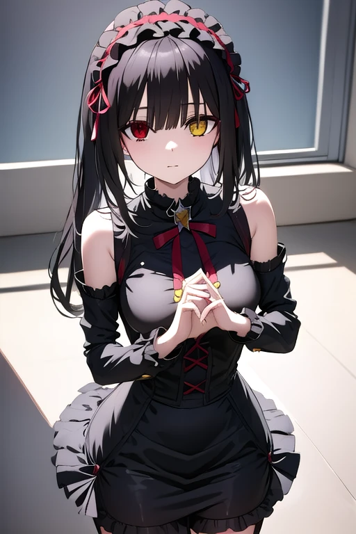 kurumitokisaki, tokisaki kurumi, clock eyes, black hair, twintails, (red eyes:1.5), (yellow eyes:1.5), (heterochromia:1.5), (small breast:1.3), smile, BREAK hairband, dress, bow, ribbon, (gothic fashion:1.5), gothic, BREAK outdoors, city, night, sky, star \(sky\), BREAK looking at viewer, (cowboy shot:1.5), BREAK (masterpiece:1.2), best quality, high resolution, unity 8k wallpaper, (illustration:0.8), (beautiful detailed eyes:1.6), extremely detailed face, perfect lighting, extremely detailed CG, (perfect hands, perfect anatomy),