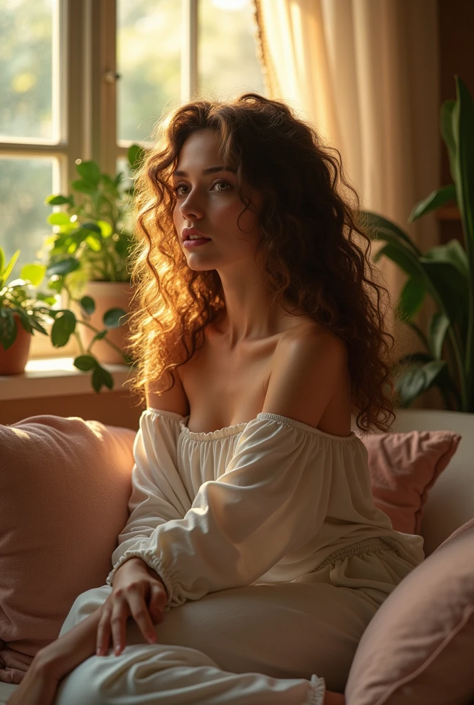 (photorealism:1.2), beautiful woman, sitting on bed, wearing loose off-shoulder top, pajama pants, long curly hair, indoors, soft lighting, plants in background, window with sunlight, cozy room, relaxed pose, realistic, intricate details, warm colors, by Greg Rutkowski, by Alphonse Mucha