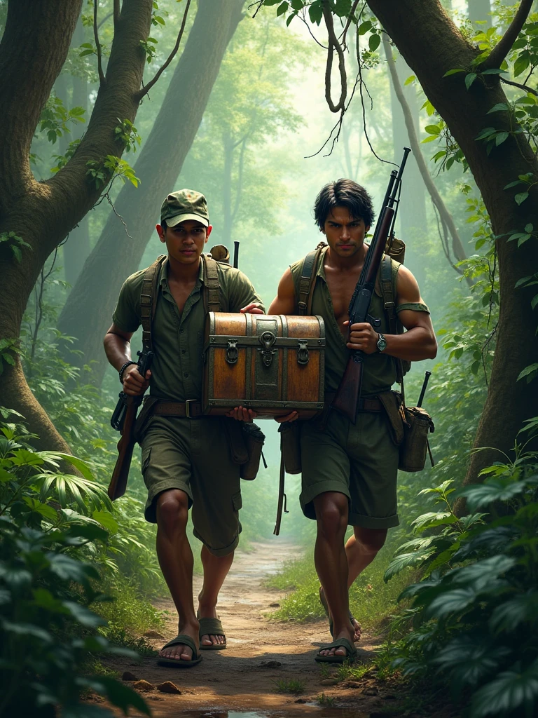 Two Cambodian hunters carrying guns carrying a treasure chest through the jungle