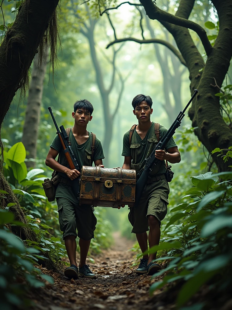 Two Cambodian hunters carrying guns carrying a treasure chest through the jungle