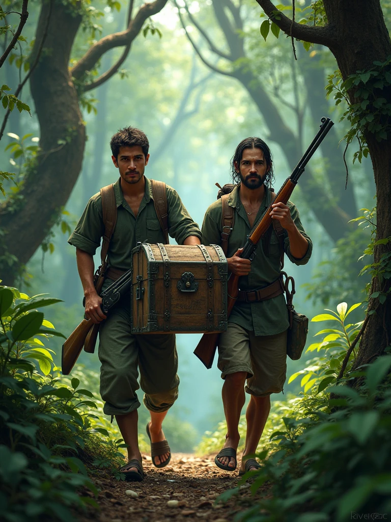 Two Cambodian hunters carrying guns carrying a treasure chest through the jungle