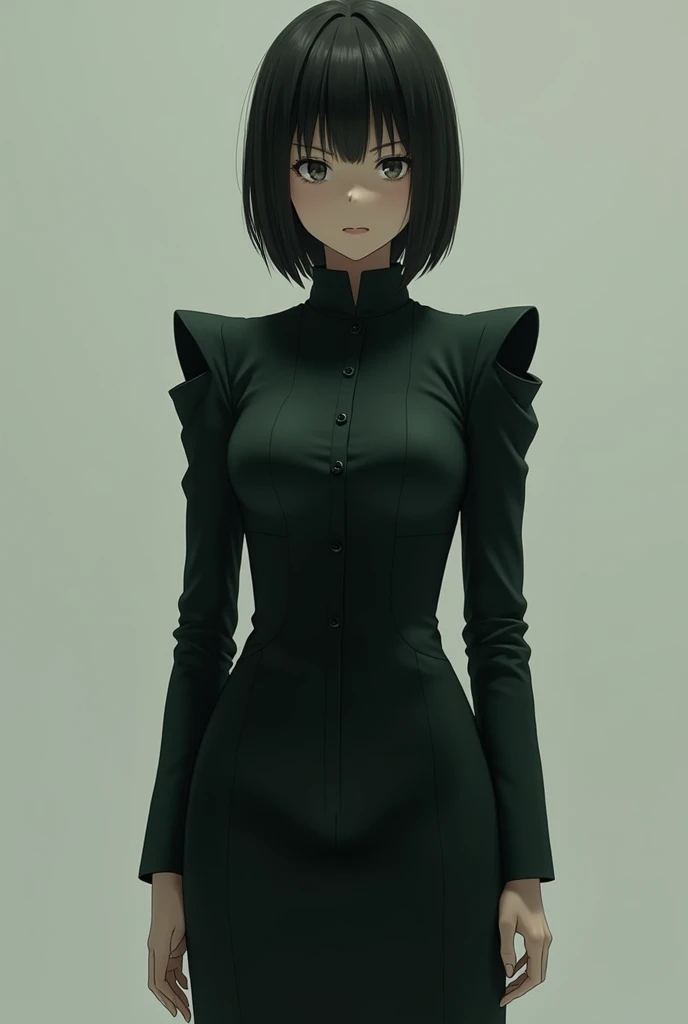 Touka in a masculine cut dress in dark tones such as black or military green. The dress would have an androgynous style with marked shoulders and a straight silhouette to reflect her personality..