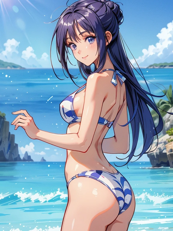 masterpiece, High resolution, Highest quality, Very detailed, Beach, ((masterpiece)),((Ayako Katagiri)),((Katagiri Ayako)),((Mischievous Smile)),Anatomically perfect fingers,Bikini Swimwear