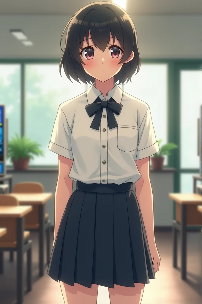 A teenage boy wearing a female school uniform