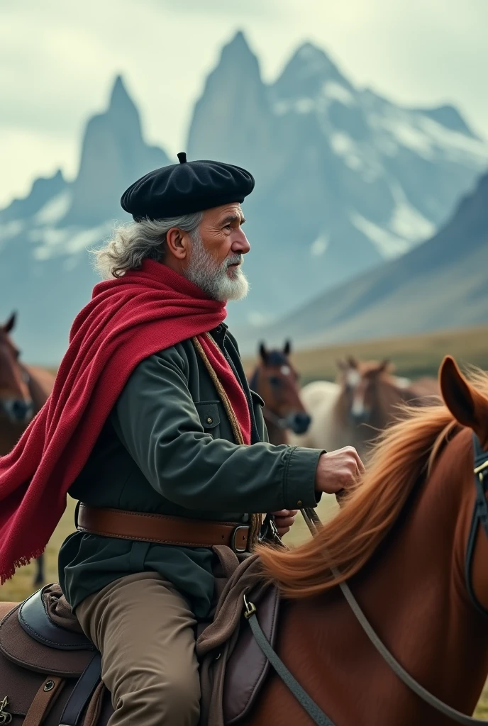 Horizontal profile picture of a full length old gaucho with grey hair wearing a black beret on his head and a red scarf around his neck riding his horse galloping with more wild horses in Torre del Paine