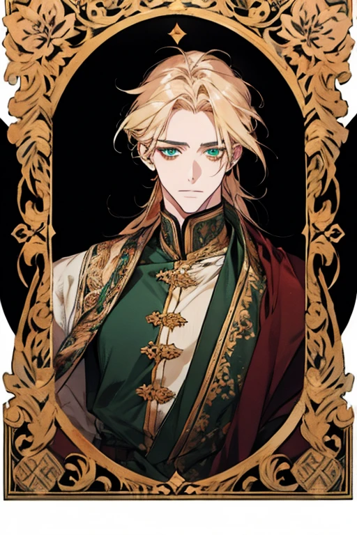 handsome masculine man, green eyes, ash blond hair, shoulder length long hair, green medieval noble clothes, light skin