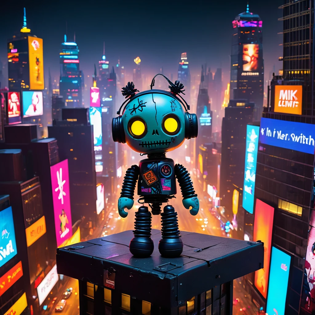 (knitted toy voodoo doll:1.7)
(Voodoo atop a skyscraper with animated billboards and helicopters:1.5)
(Clothing: tattered urban attire with glowing neon patterns:1.0)
(Accessories: miniature floating billboards, tiny glowing helicopters, small enchanted rooftop antennas:1.2)
(background: towering skyscraper with flickering lights from the city below, shadows of distant helicopters, and an ethereal mist wrapping around the high, magical atmosphere:1.2), best quality, masterpiece, detailed soft oil painting, detailed background, dramatic cinematic lighting, soft edge lighting, professional, dramatic lighting, hard edge lighting, ultra quality, 4k,masterpiece, best quality, 8k, ultra highres, highres, extremely detailed