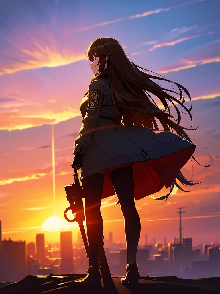 force, Multiple names, Cityscape, building, Skyline, sunset, Silhouette against a cloud background, meditation. Watching the beautiful sunset, sunset時に, sunset時, sunsetとともに, In the sunset, Nice views, Sunset view, With the sunset, sunset時に, During Golden Hour, looking sunset時に, Sunset in the background, Watching the sunset, In the spotlight, holding_gun, assault_rifle, Very detailed, Brown Hair, Long Hair, Anime Style, whole body, alone, Stylish Gunfighter Girl, Holding a steampunk long barrel pistol,Standing in the wasteland, 8K high resolution, White Background, The background is a dark and desolate landscape, Horror movie atmosphere. Her figure is very beautiful, Emphasizing the dark and crazy elements. Skillfully expressing the effects of light and shadow, Anime girls with guns and rifles, from Girls' Frontline, mechanized soldier girl, Girls' Frontline style