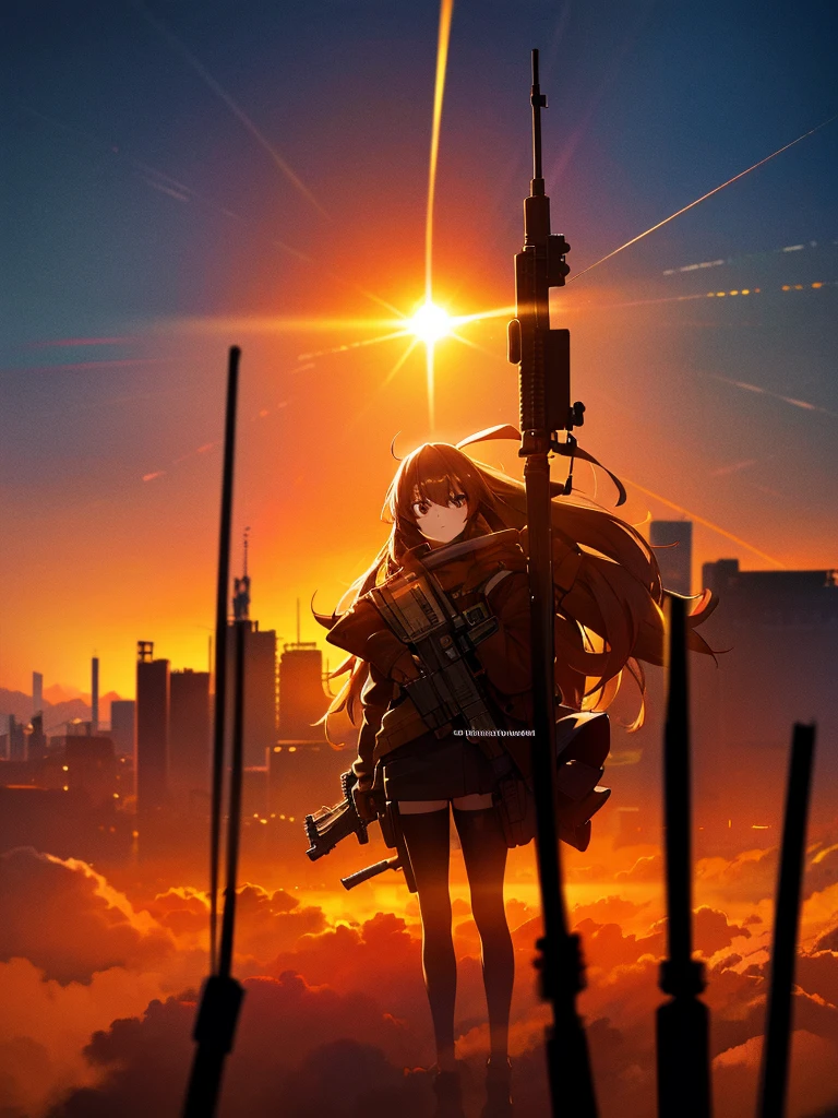 force, Multiple names, Cityscape, building, Skyline, sunset, Silhouette against a cloud background, meditation. Watching the beautiful sunset, sunset時に, sunset時, sunsetとともに, In the sunset, Nice views, Sunset view, With the sunset, sunset時に, During Golden Hour, looking sunset時に, Sunset in the background, Watching the sunset, In the spotlight, holding_gun, assault_rifle, Very detailed, Brown Hair, Long Hair, Anime Style, whole body, alone, Stylish Gunfighter Girl, Holding a steampunk long barrel pistol,Standing in the wasteland, 8K high resolution, White Background, The background is a dark and desolate landscape, Horror movie atmosphere. Her figure is very beautiful, Emphasizing the dark and crazy elements. Skillfully expressing the effects of light and shadow, Anime girls with guns and rifles, from Girls' Frontline, mechanized soldier girl, Girls' Frontline style