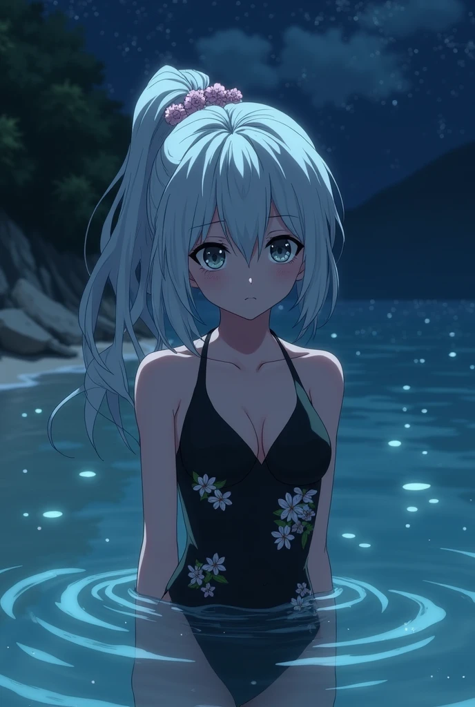 Screenshot of my hero academy, girl with white hair and gray eyes with dark circles, She is wearing a black swimsuit, It is in the water and has flowers adorning it, In the background there is a beach and it is nighttime