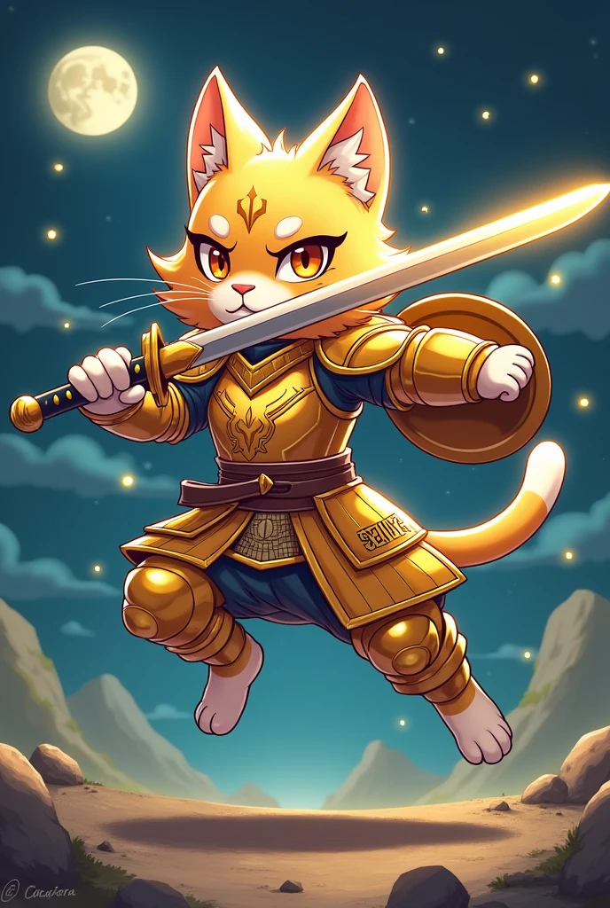 A cat warrior in shiny gold armor（With a sword in his right hand、In his left hand he holds a shield）　Jumping a little、Brandishing a sword in his right hand。A cute cat with an anime-like face　The background is a hill at night。The angle of the sword is almost parallel to the ground.。Place the letters SEINT SEIYA and bab on the。