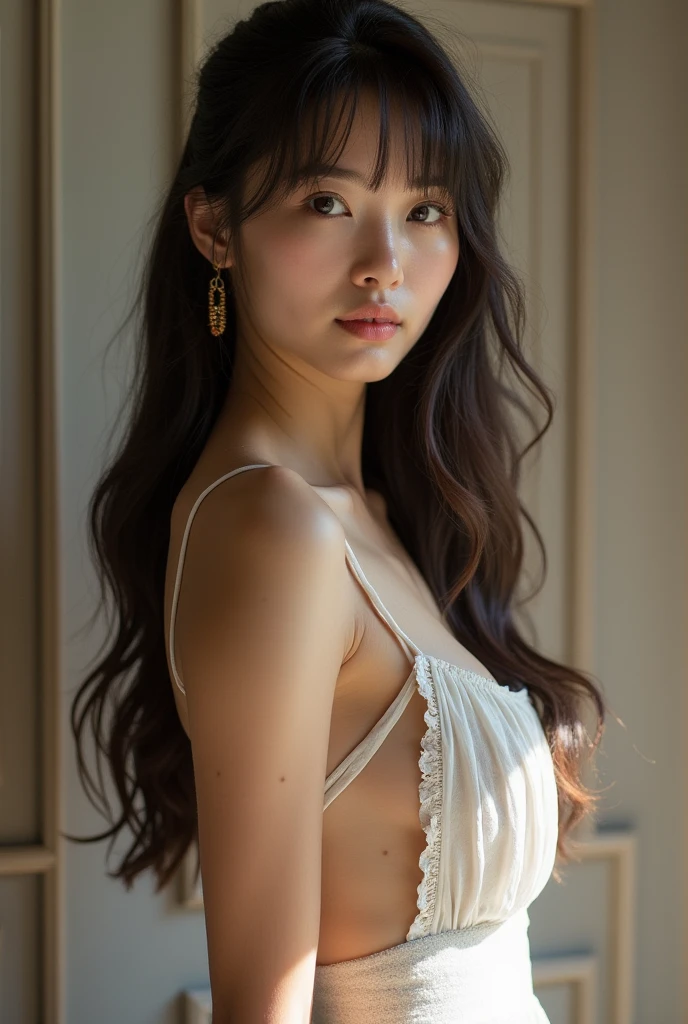 There was a woman with long hair and no clothes., perfect face, 40 year old woman, big breasts, Korean girl, maid,