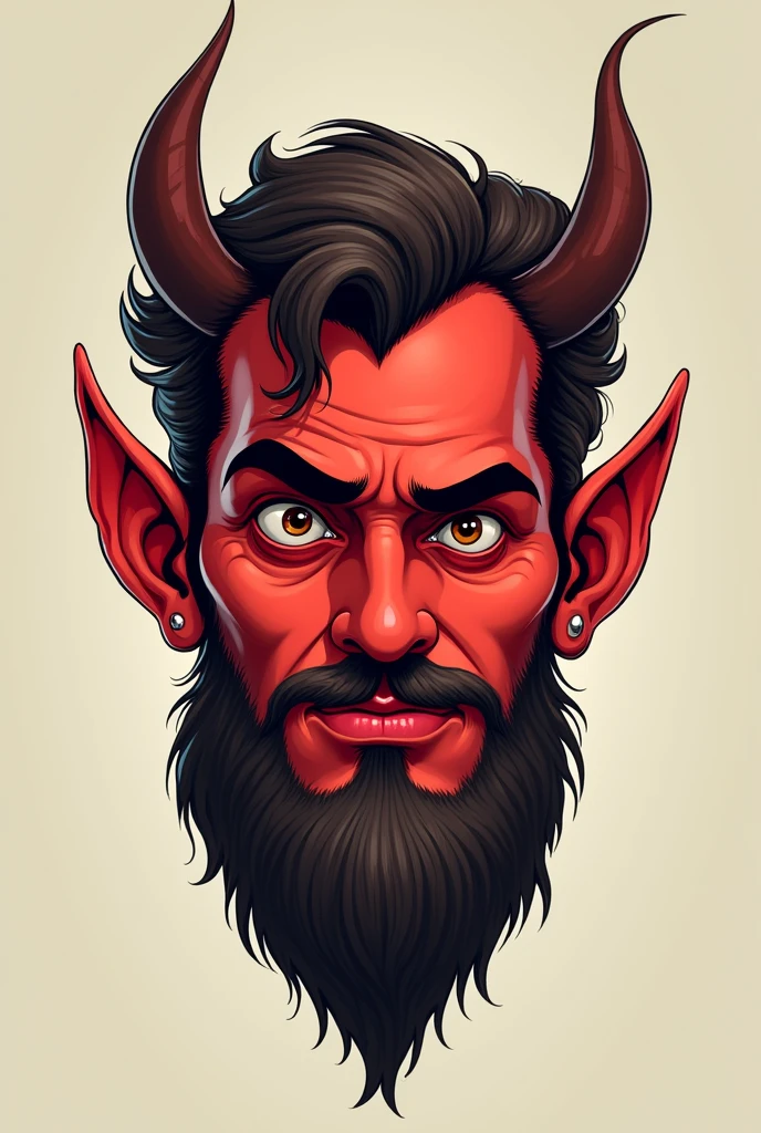 Caricature of a devil's face with a beard and a goatee and curls, red skin and who is handsome with not so big horns and mahogany eyes